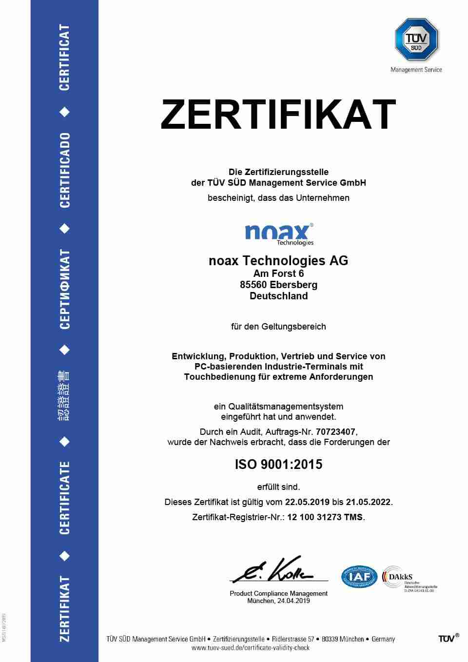 noax ISO 9001:2015 Zertifikat